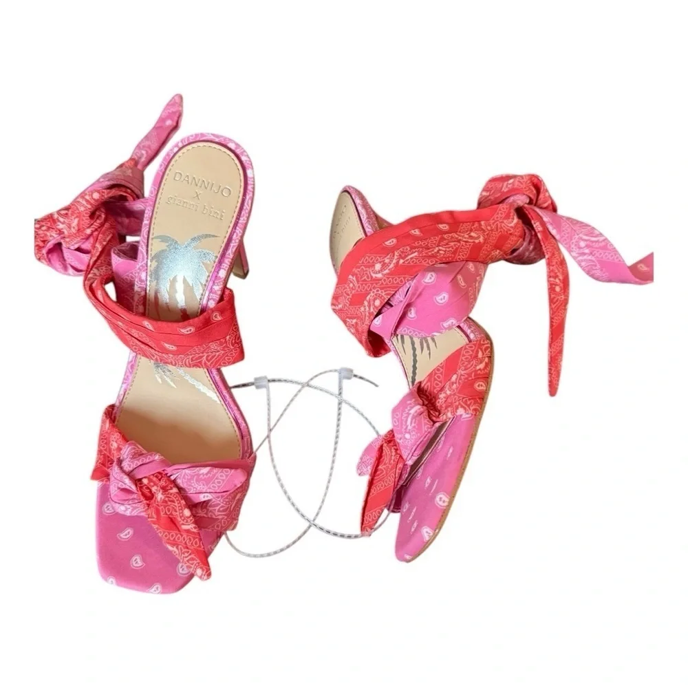 DANNIJO‎ X GB Ankle Wrap Pink Bandana Colorblock Bow Sandals 8 Tropical Vacay